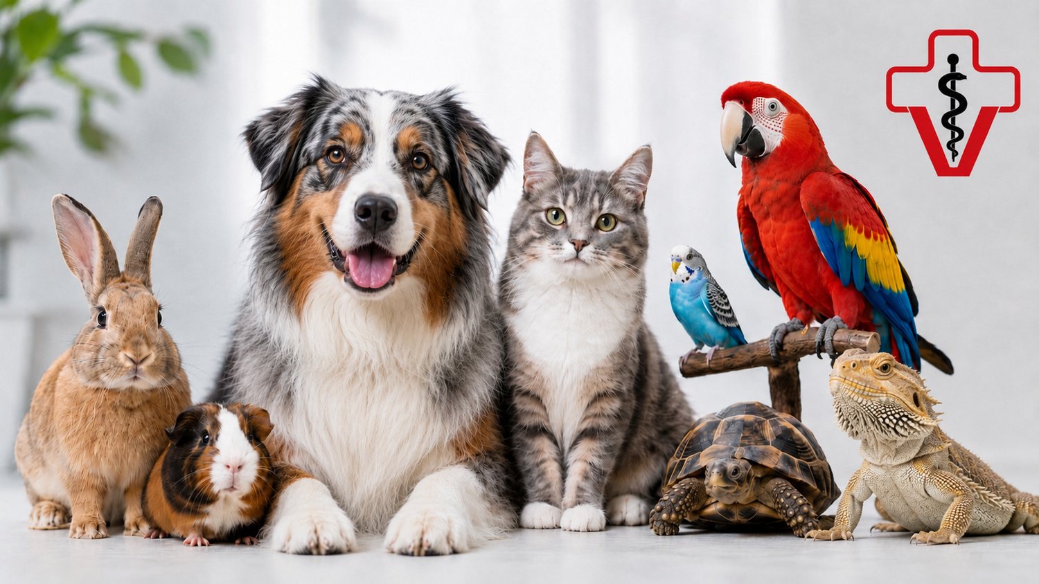 Hund, Katze, Kaninchen, Meerschweinchen, Papagei, Wellensittich, Schildkröte und Bartagame